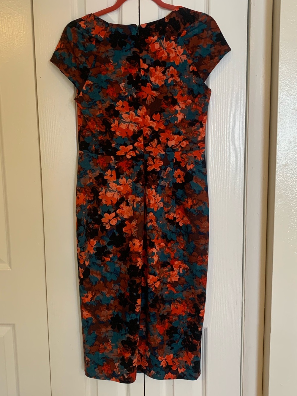 Fall Colors Floral Midi Sheath Dress in Teal and Orange